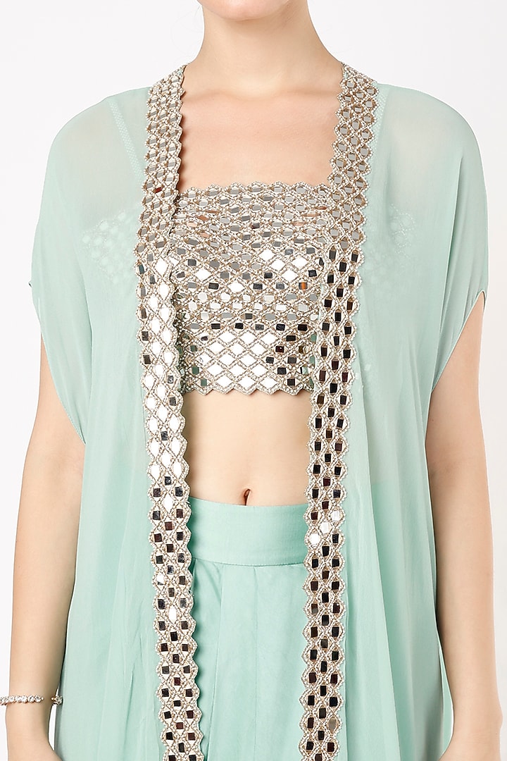 Mint Green Embroidered Cape Set by Kresha Lulla at Pernia's Pop Up Shop