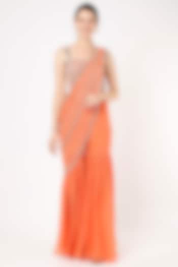Orange Georgette & Raw Silk Embroidered Sharara Wedding Saree Set by Kresha Lulla at Pernia's Pop Up Shop