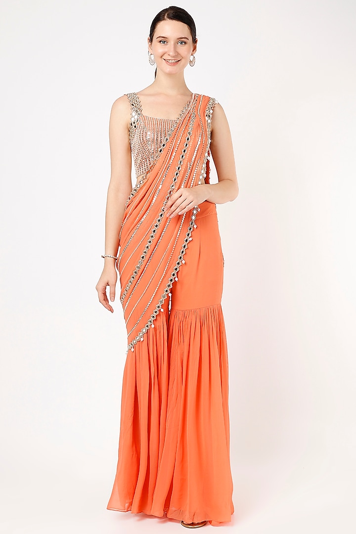 Orange Georgette & Raw Silk Embroidered Sharara Wedding Saree Set by Kresha Lulla at Pernia's Pop Up Shop