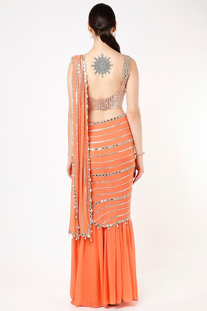 Orange Georgette & Raw Silk Embroidered Sharara Wedding Saree Set by Kresha Lulla at Pernia's Pop Up Shop