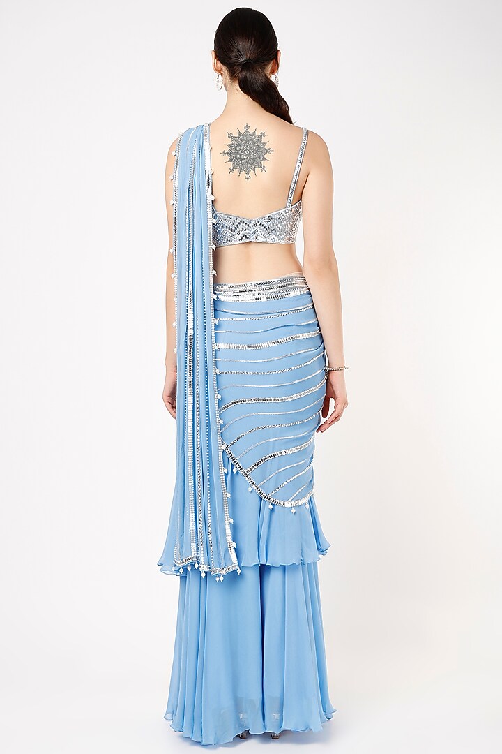Blue Embroidered Ruffle Wedding Saree Set by Kresha Lulla at Pernia's Pop Up Shop
