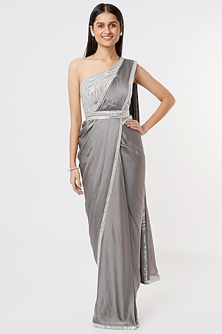 Silver Satin Georgette Saree Set by Kresha Lulla
