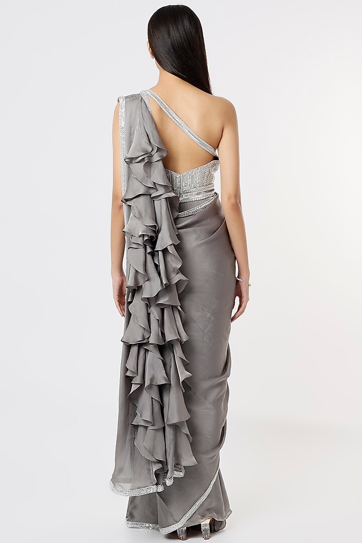 Silver Satin Georgette Wedding Saree Set by Kresha Lulla at Pernia's Pop Up Shop
