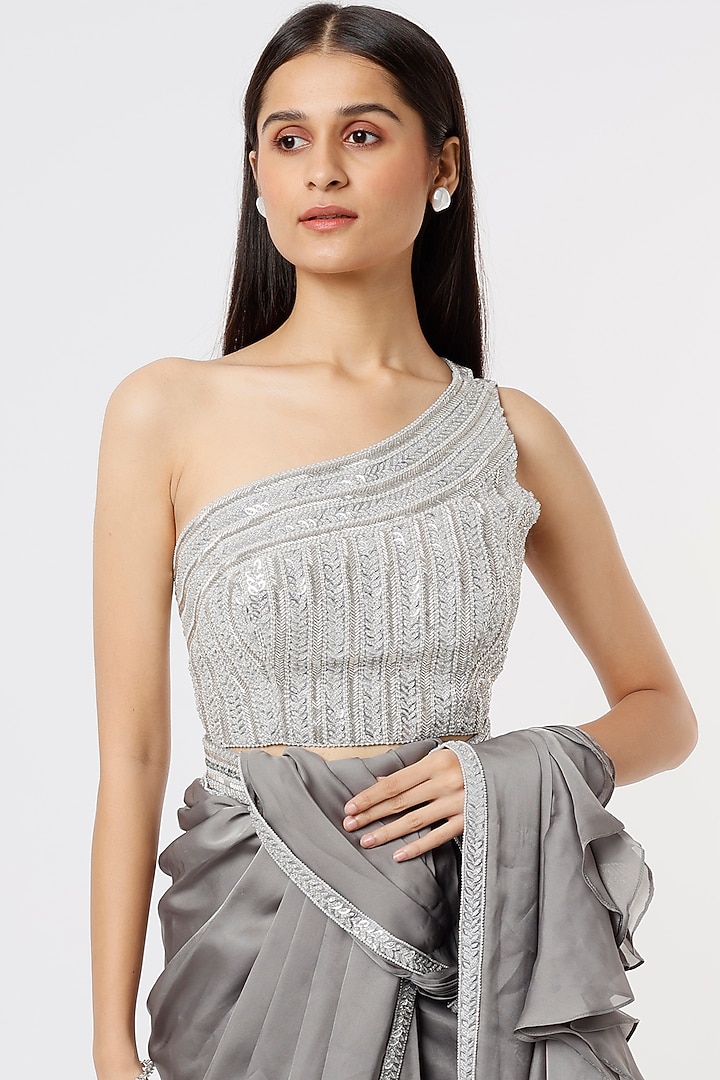 Silver Satin Georgette Wedding Saree Set by Kresha Lulla at Pernia's Pop Up Shop