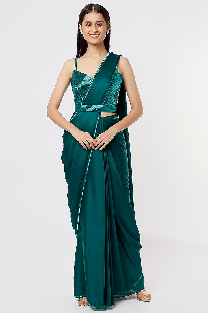 Teal Green Satin Georgette Wedding Saree Set by Kresha Lulla at Pernia's Pop Up Shop