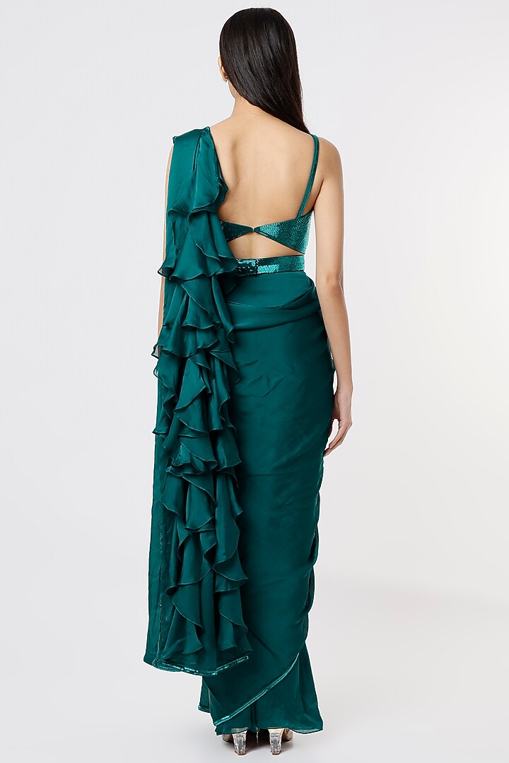 Teal Green Satin Georgette Wedding Saree Set by Kresha Lulla at Pernia's Pop Up Shop