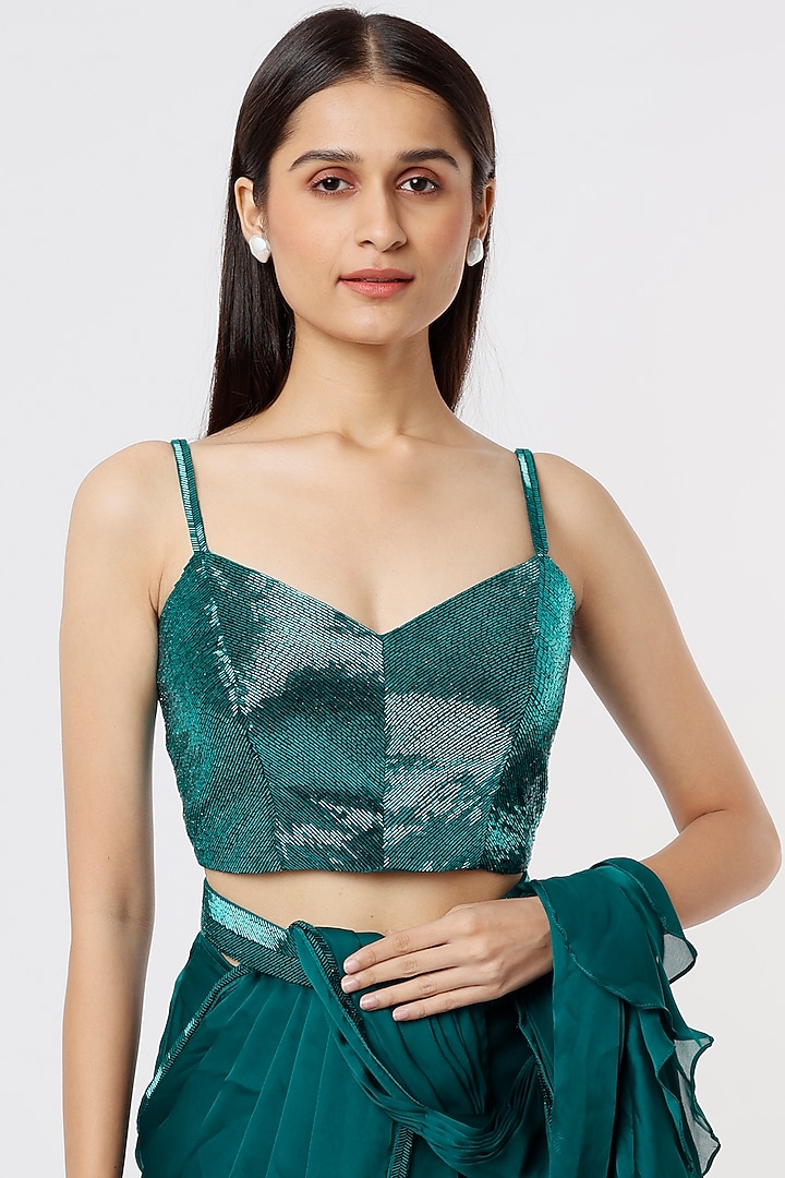 Teal Green Satin Georgette Wedding Saree Set by Kresha Lulla at Pernia's Pop Up Shop