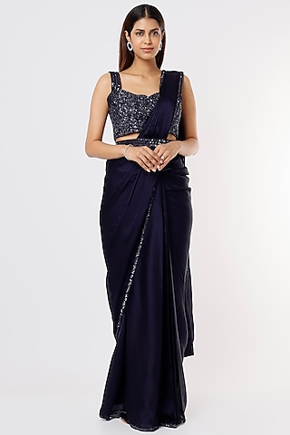 Navy Blue Satin Georgette Saree Set by Kresha Lulla