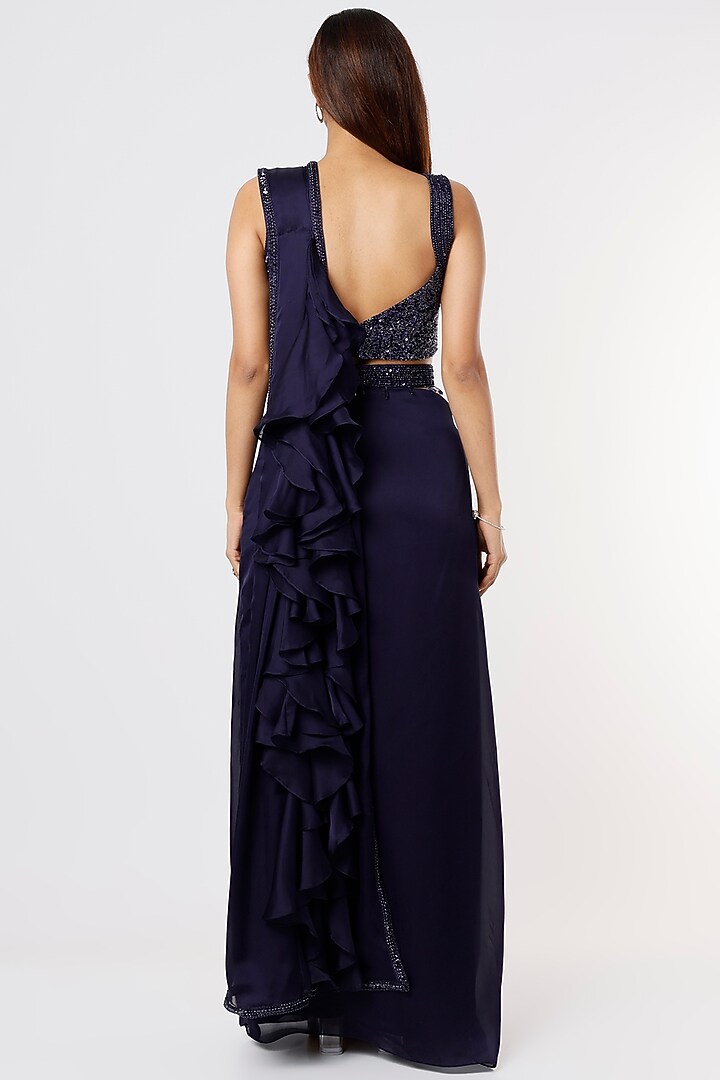 Navy Blue Satin Georgette Wedding Saree Set by Kresha Lulla at Pernia's Pop Up Shop