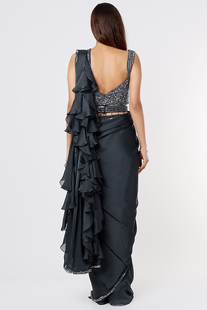 Steel Grey Satin Georgette Ruffled Wedding Saree Set by Kresha Lulla at Pernia's Pop Up Shop