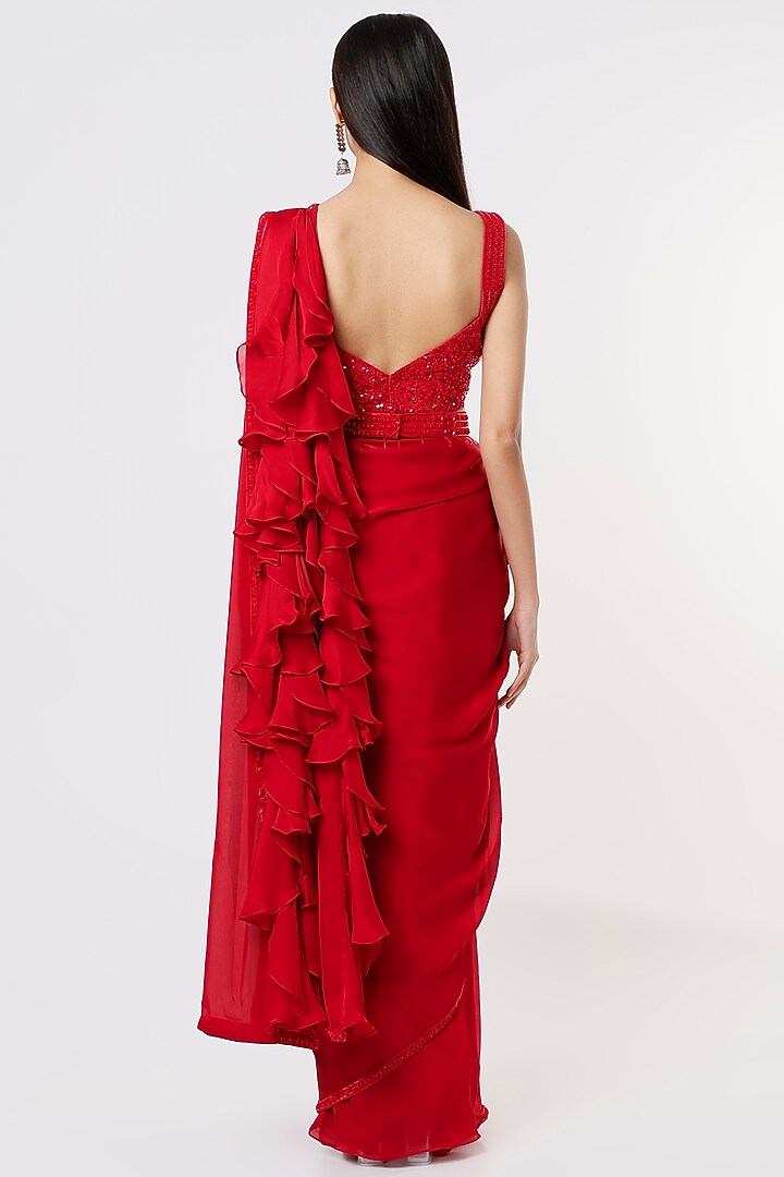 Red Georgette Ruffled Wedding Saree Set by Kresha Lulla at Pernia's Pop Up Shop