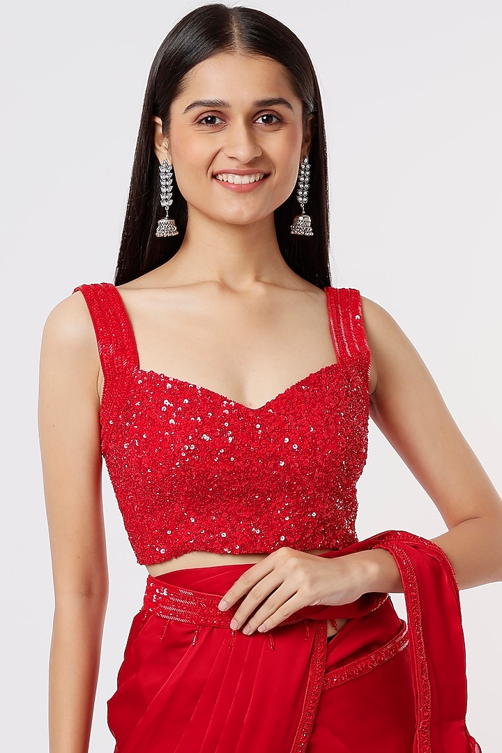 Red Georgette Ruffled Wedding Saree Set by Kresha Lulla at Pernia's Pop Up Shop