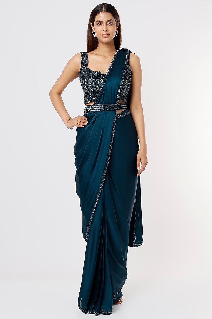 Navy Blue Georgette Ruffled Wedding Saree Set by Kresha Lulla at Pernia's Pop Up Shop