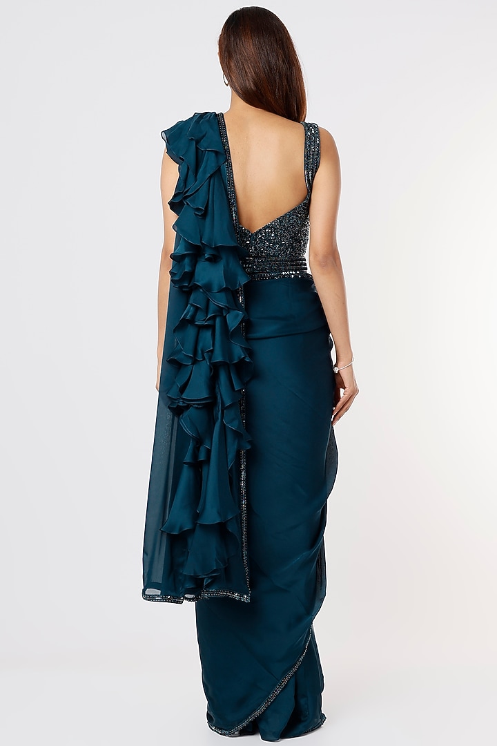 Navy Blue Georgette Ruffled Wedding Saree Set by Kresha Lulla at Pernia's Pop Up Shop