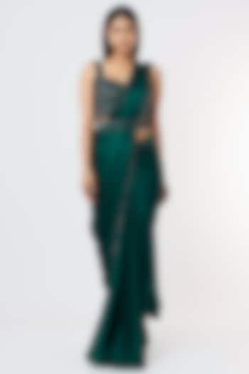 Green Georgette Ruffled Wedding Saree Set by Kresha Lulla at Pernia's Pop Up Shop