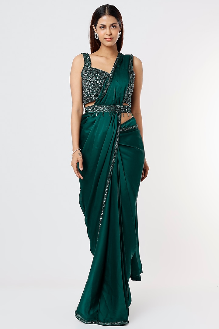 Green Georgette Ruffled Wedding Saree Set by Kresha Lulla at Pernia's Pop Up Shop