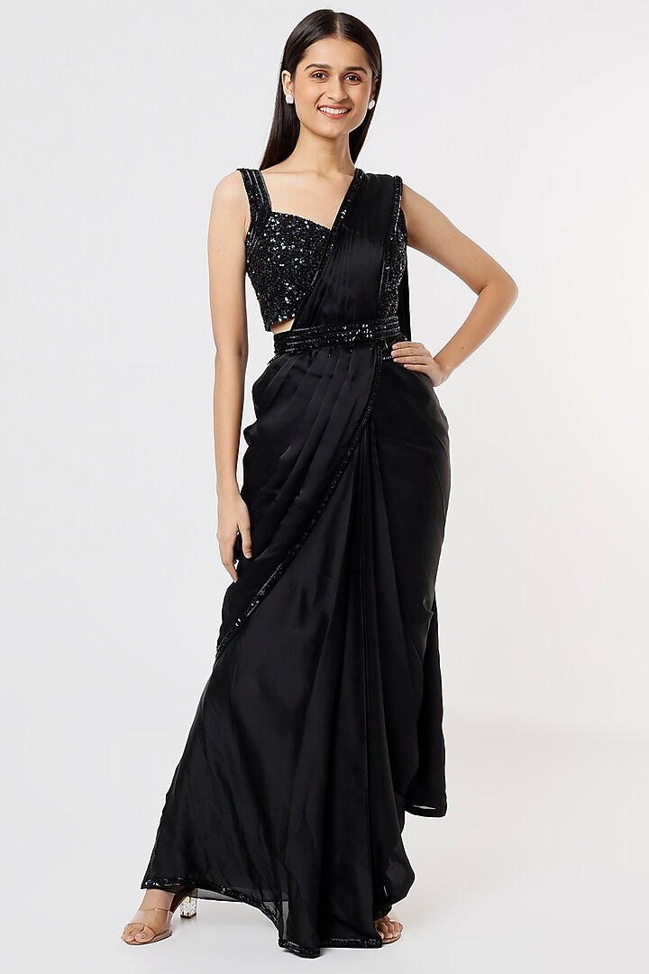 Black Georgette Ruffled Wedding Saree Set by Kresha Lulla at Pernia's Pop Up Shop