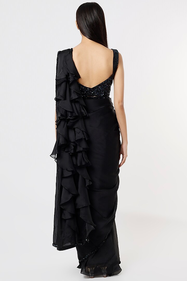 Black Georgette Ruffled Wedding Saree Set by Kresha Lulla at Pernia's Pop Up Shop