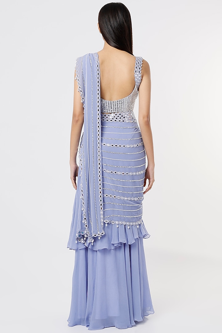 Periwinkle Georgette & Raw Silk Tiered Wedding Saree Set by Kresha Lulla at Pernia's Pop Up Shop