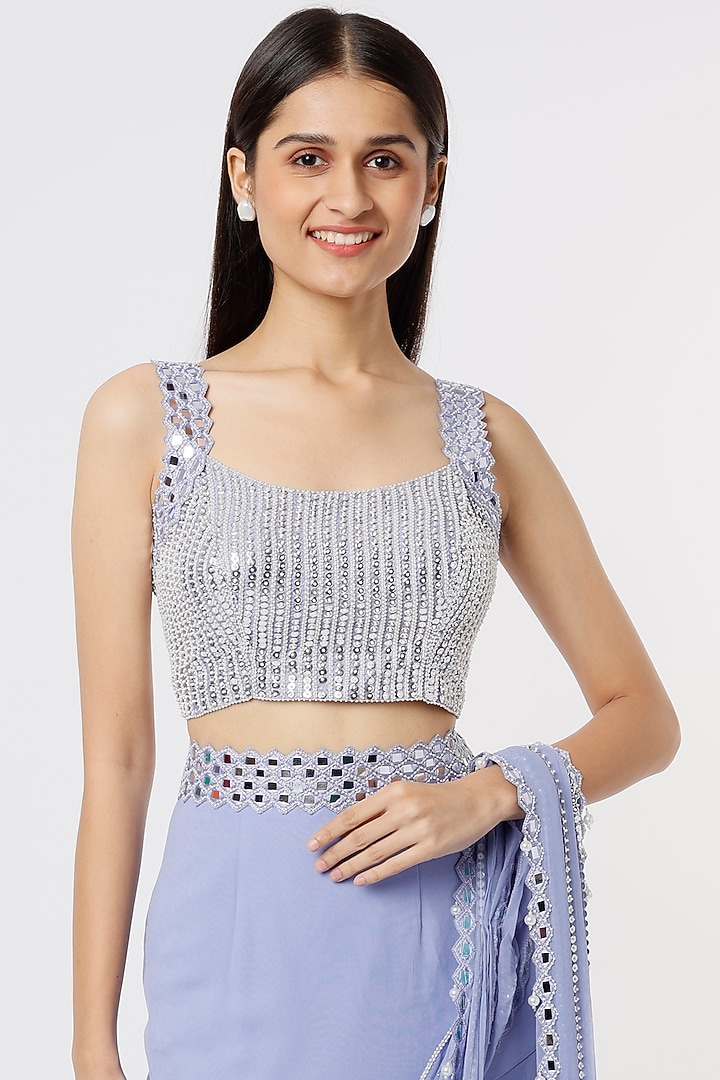 Periwinkle Georgette & Raw Silk Tiered Wedding Saree Set by Kresha Lulla at Pernia's Pop Up Shop