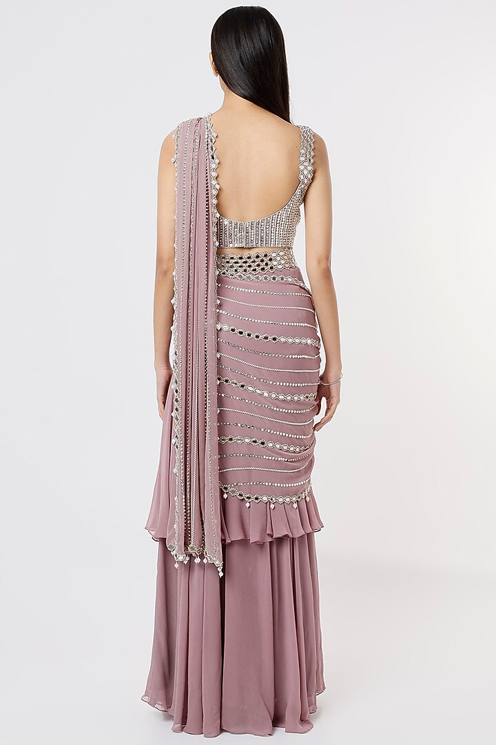 Mauve Georgette & Raw Silk Tiered Wedding Saree Set by Kresha Lulla at Pernia's Pop Up Shop