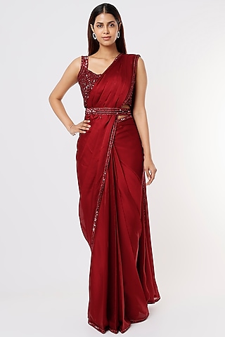 Maroon Silk Georgette & Raw Silk Ruffled Saree Set by Kresha Lulla