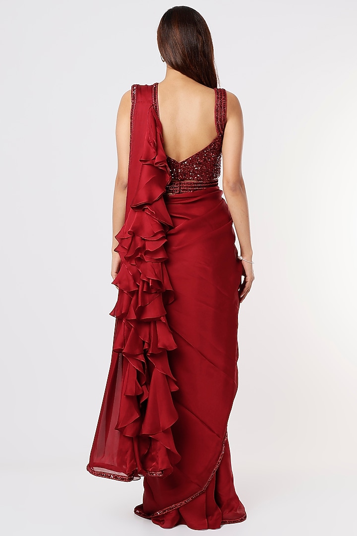 Maroon Silk Georgette & Raw Silk Ruffled Wedding Saree Set by Kresha Lulla at Pernia's Pop Up Shop