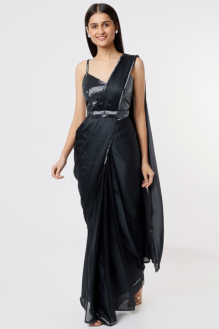 Black Georgette & Raw Silk Wedding Saree Set by Kresha Lulla at Pernia's Pop Up Shop