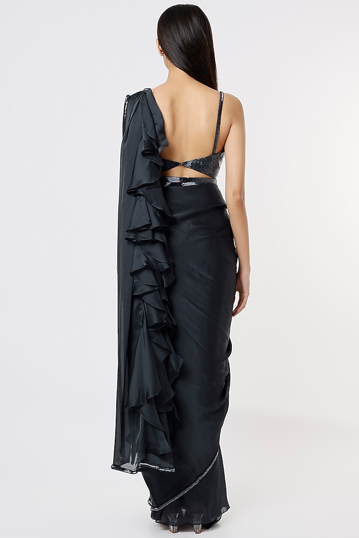 Black Georgette & Raw Silk Wedding Saree Set by Kresha Lulla at Pernia's Pop Up Shop
