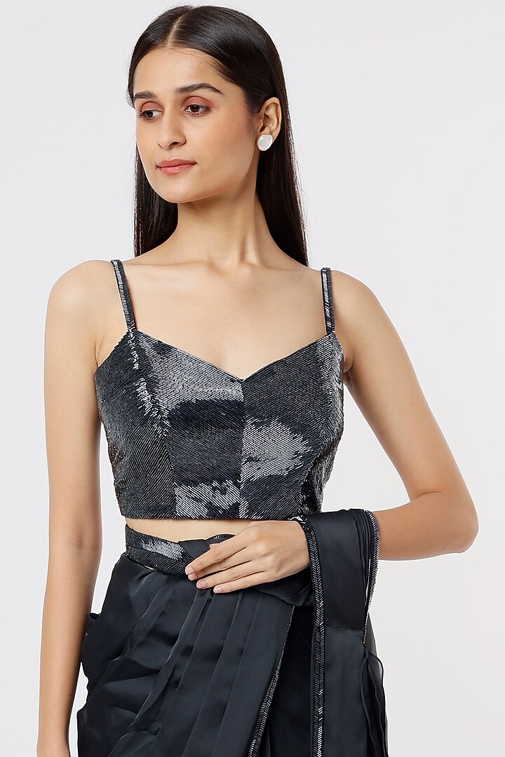 Black Georgette & Raw Silk Wedding Saree Set by Kresha Lulla at Pernia's Pop Up Shop