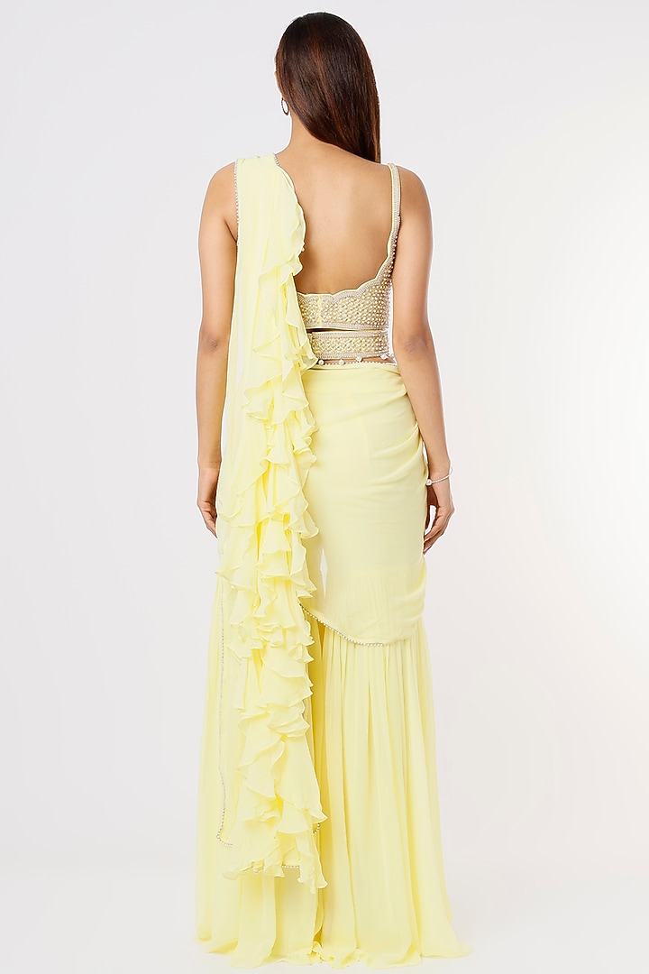 Lemon Yellow Georgette & Raw Silk Sharara Wedding Saree Set by Kresha Lulla at Pernia's Pop Up Shop