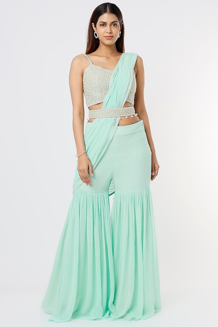 Aqua Blue Georgette & Raw Silk Sharara Wedding Saree Set by Kresha Lulla at Pernia's Pop Up Shop