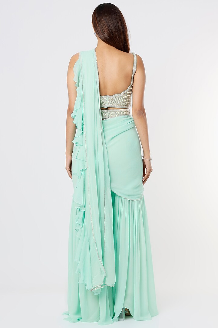 Aqua Blue Georgette & Raw Silk Sharara Wedding Saree Set by Kresha Lulla at Pernia's Pop Up Shop