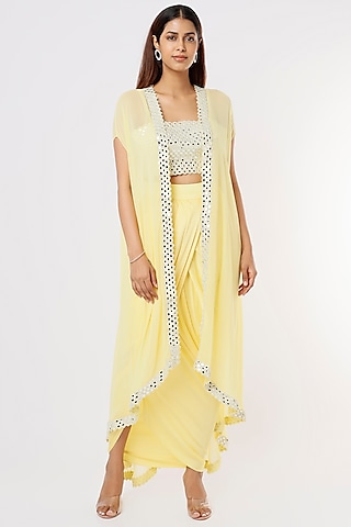 Lemon Yellow Embroidered Cape Set by Kresha Lulla