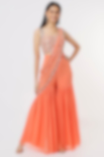 Orange Georgette & Raw Silk Mirror Embroidered Sharara Wedding Saree Set by Kresha Lulla at Pernia's Pop Up Shop