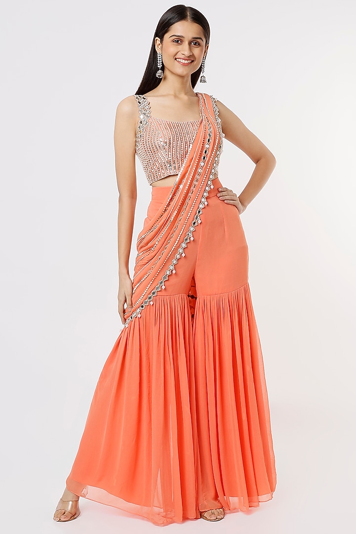 Orange Georgette & Raw Silk Mirror Embroidered Sharara Wedding Saree Set by Kresha Lulla at Pernia's Pop Up Shop
