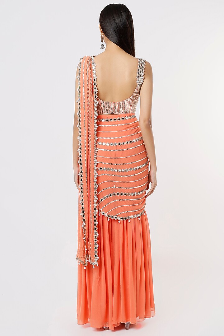 Orange Georgette & Raw Silk Mirror Embroidered Sharara Wedding Saree Set by Kresha Lulla at Pernia's Pop Up Shop