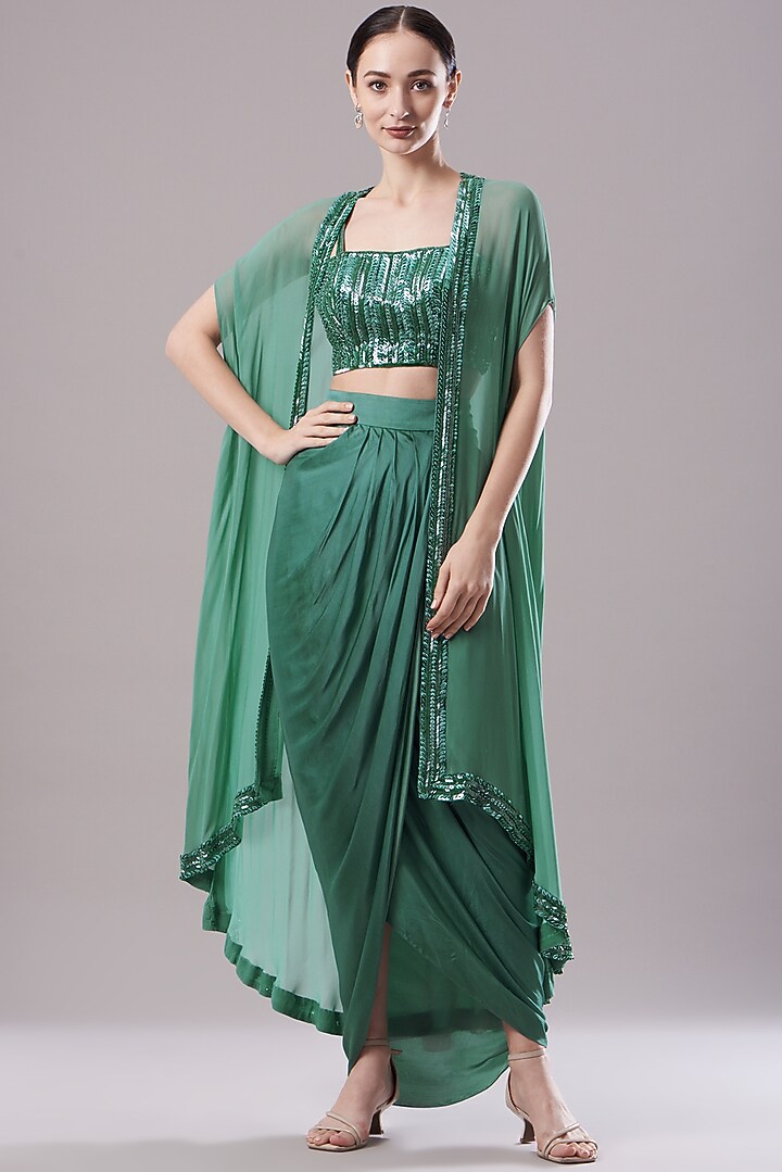 Green Raw Silk & Georgette Sequins Embroidered Cape Set by Kresha Lulla at Pernia's Pop Up Shop