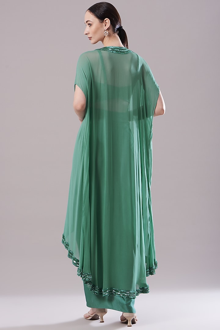Green Raw Silk & Georgette Sequins Embroidered Cape Set by Kresha Lulla at Pernia's Pop Up Shop