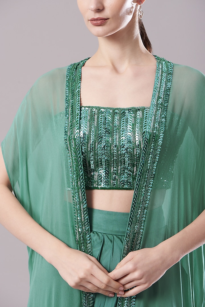 Green Raw Silk & Georgette Sequins Embroidered Cape Set by Kresha Lulla at Pernia's Pop Up Shop