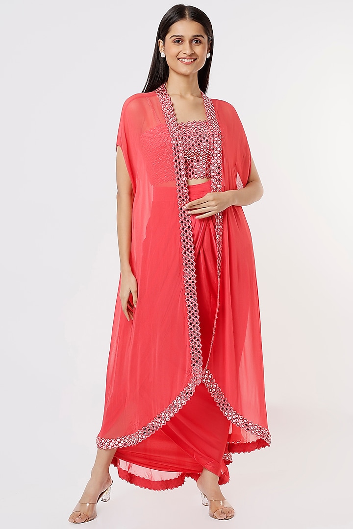 Bright Pink Embroidered Cape Set by Kresha Lulla