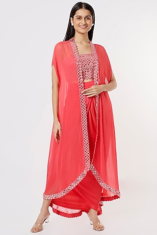 Bright Pink Embroidered Cape Set by Kresha Lulla