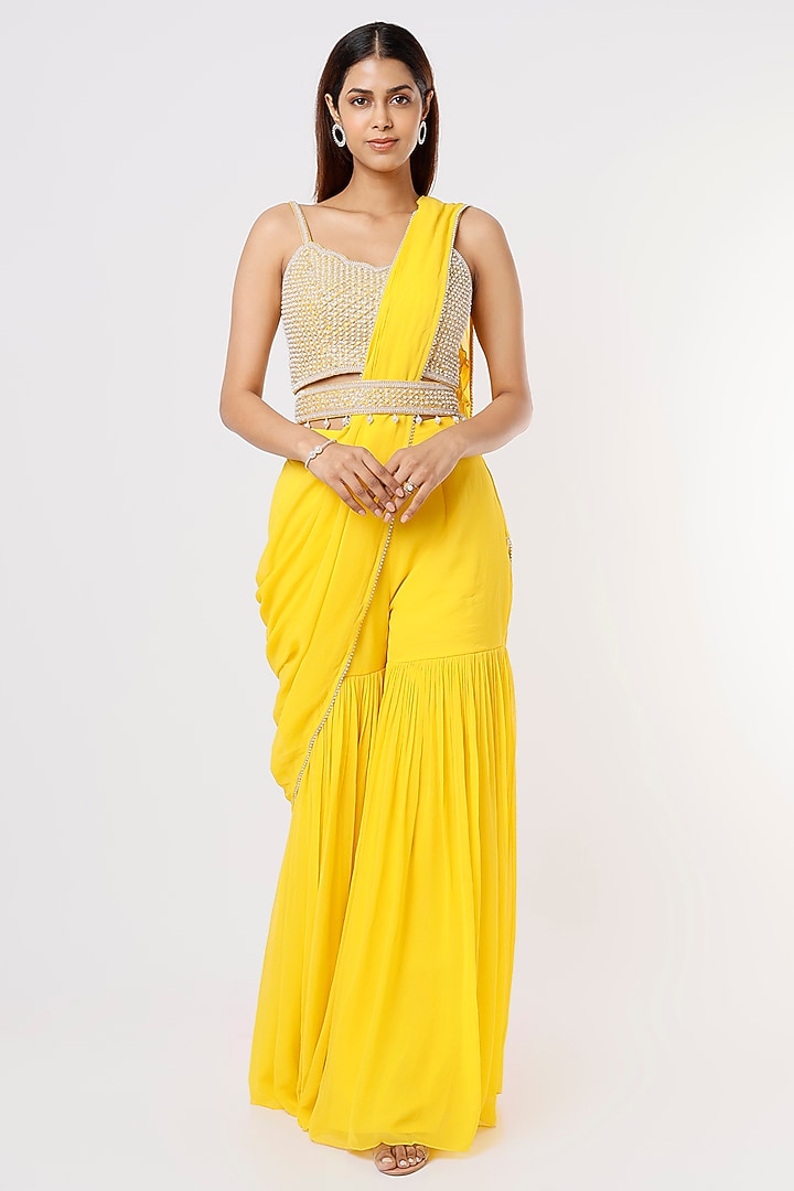 Bright Yellow Georgette & Raw Silk Pearl Embroidered Sharara Wedding Saree Set by Kresha Lulla at Pernia's Pop Up Shop