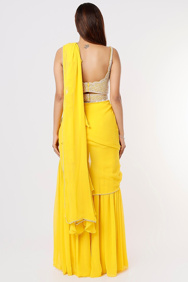 Bright Yellow Georgette & Raw Silk Pearl Embroidered Sharara Wedding Saree Set by Kresha Lulla at Pernia's Pop Up Shop