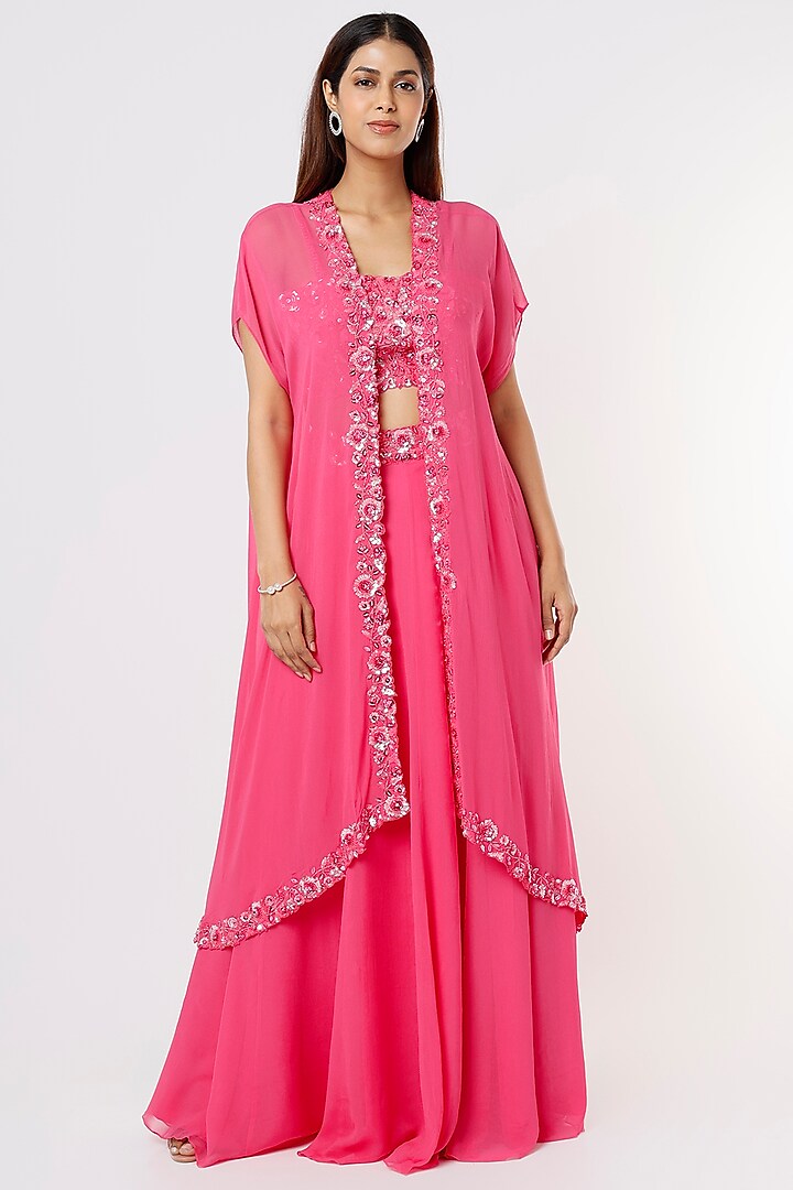 Neon Pink Georgette Embroidered Cape Set by Kresha Lulla