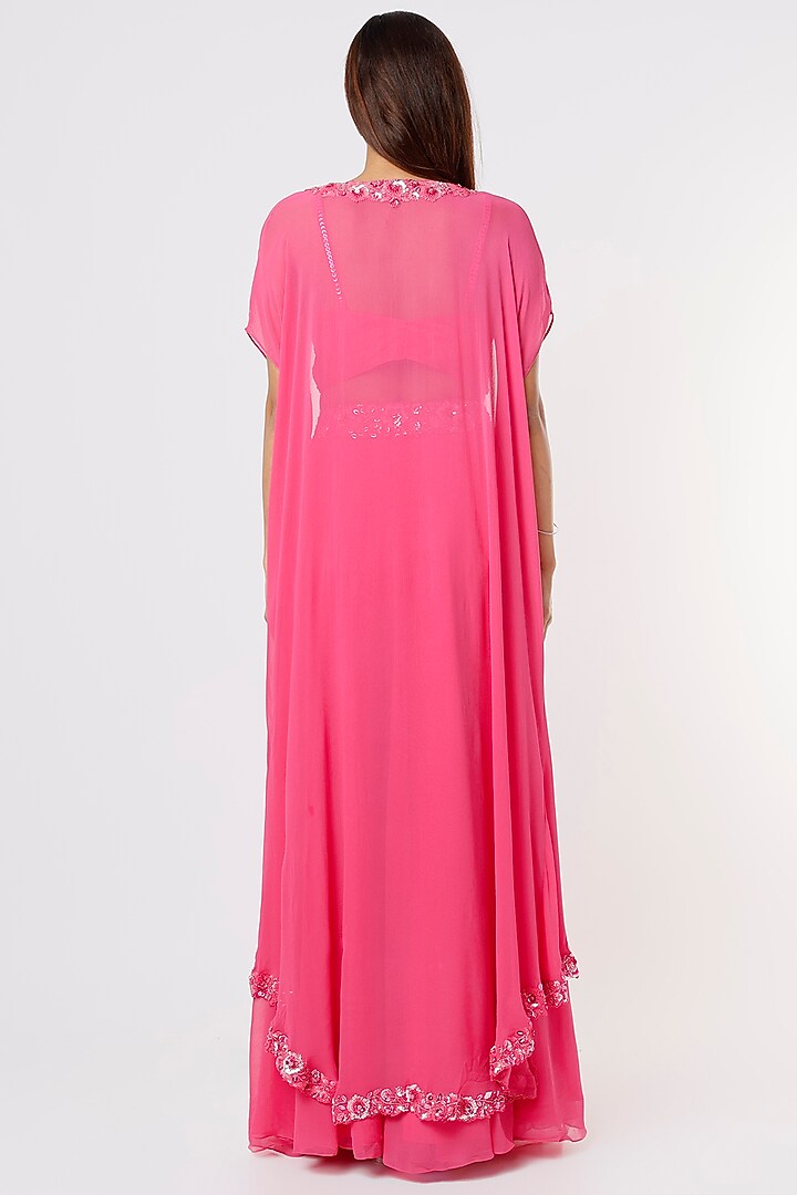 Neon Pink Georgette Embroidered Cape Set by Kresha Lulla at Pernia's Pop Up Shop