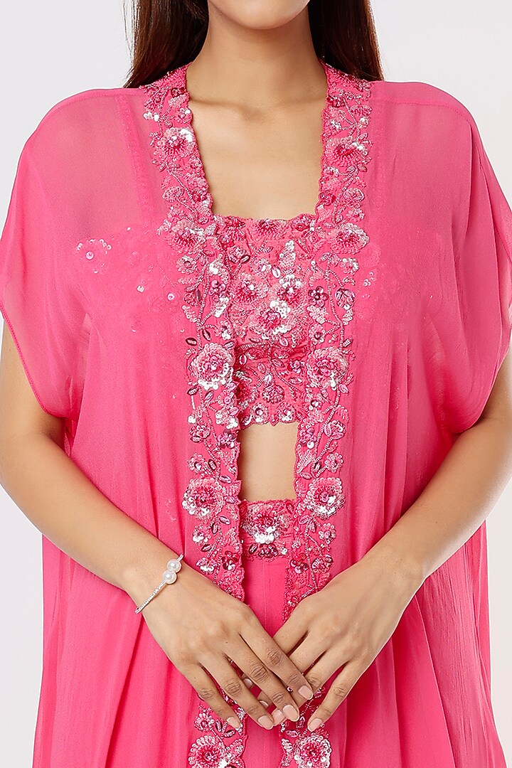 Neon Pink Georgette Embroidered Cape Set by Kresha Lulla at Pernia's Pop Up Shop