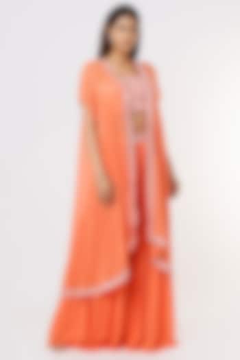 Orange Georgette Ruffled Sharara Set by Kresha Lulla