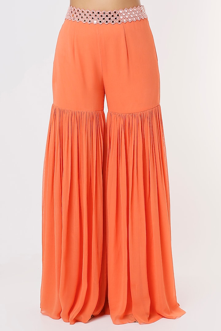 Orange Georgette Ruffled Wedding Sharara Set by Kresha Lulla at Pernia's Pop Up Shop