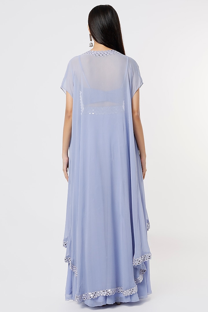 Periwinkle Blue Georgette Mirror Work Cape Set by Kresha Lulla at Pernia's Pop Up Shop